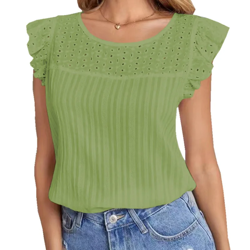 

2023 Summer New Women's Hollow out Splice Sleeveless Ruffle Edge T-shirt WHITE