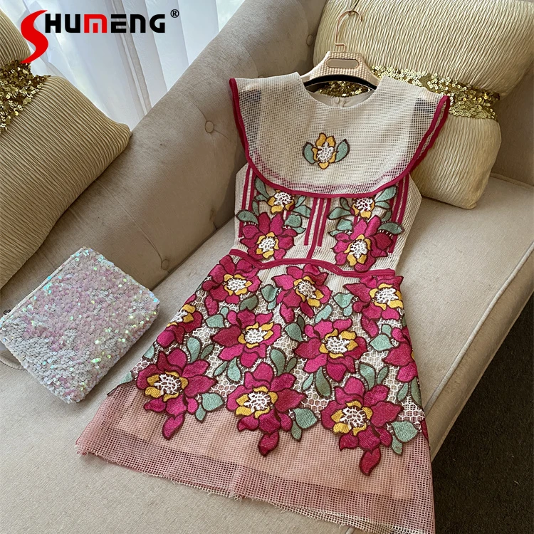 

Vietnam 2022 Summer New Women's Fashion Vintage Above Knee Dress Ladies Elegant Floral Embroidered Lace Slimming Patchwork Dress