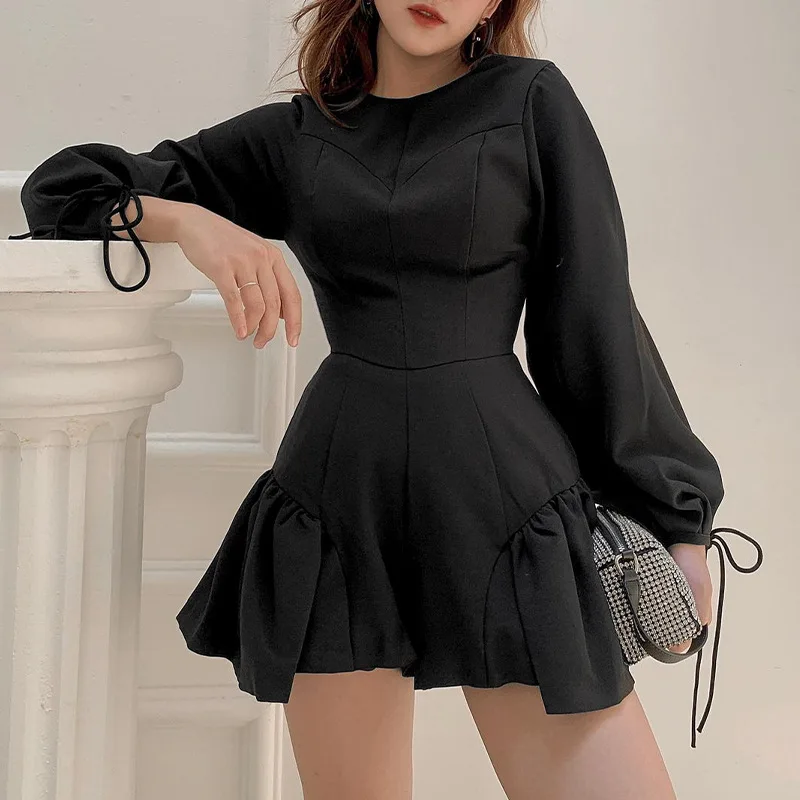 

Women Vintage Ruffled A-line Party Black Dress O Neck Solid Casual Mini Sundress Autumn Lantern Sleeve Backless Y2k Dress 2021