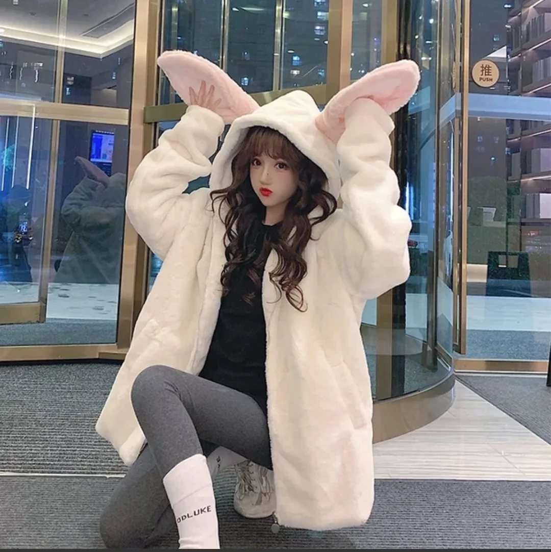 2022 Winter Kawaii Cute Girl Sweet Japan  Clothing Korean Style  Long Thick Wool Rabbit Ear Top Women's Loose Cashmere Coat
