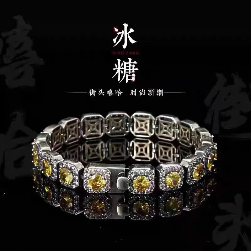 

LH Full Diamond Rock Candy Necklace Hip Hop Ins Men's Bracelet Fashion Brand Yellow Diamond Bracelet Boys In Europe and America
