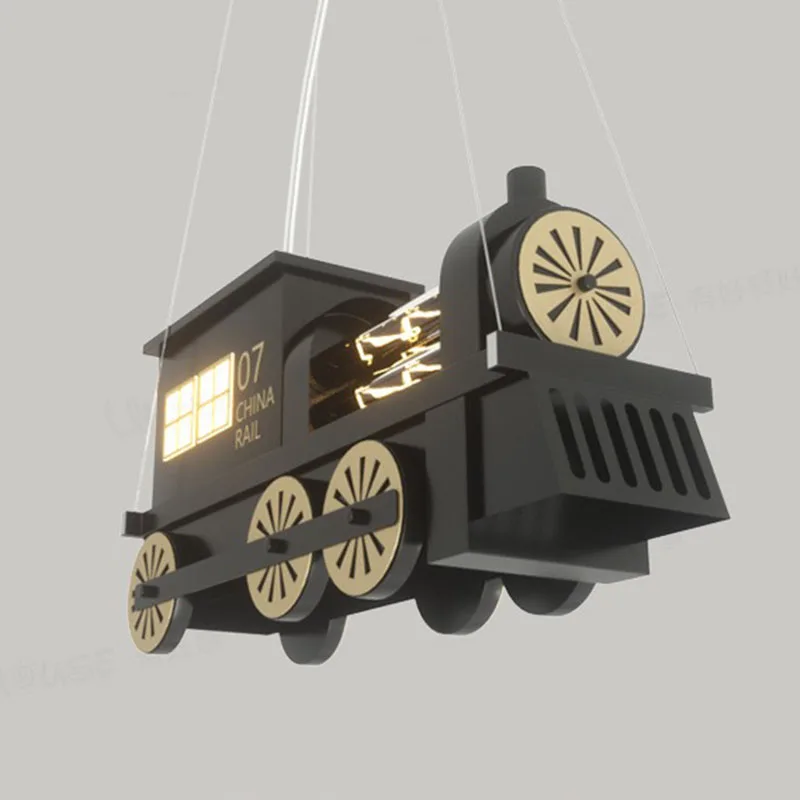 

Cartoon Locomotive LED Chandeliers Children's Room Creative Industrial Lighting Pendant Light Black Steam Train Hanging Lamp