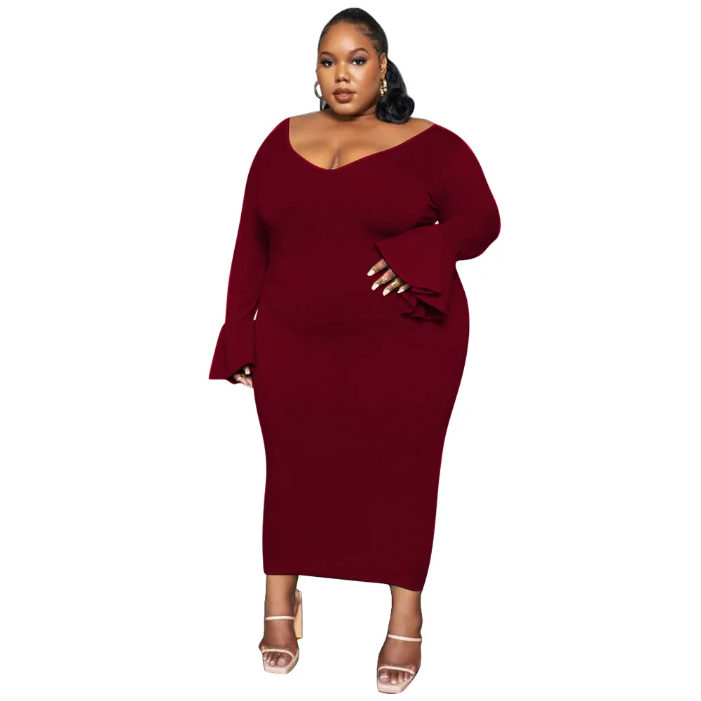 Plus Size Solid Sexy Bodycon Dress For Women Autumn V Neck Flare Sleeve Skinny Lady Vestidos Night Club Party Robes Female Wear