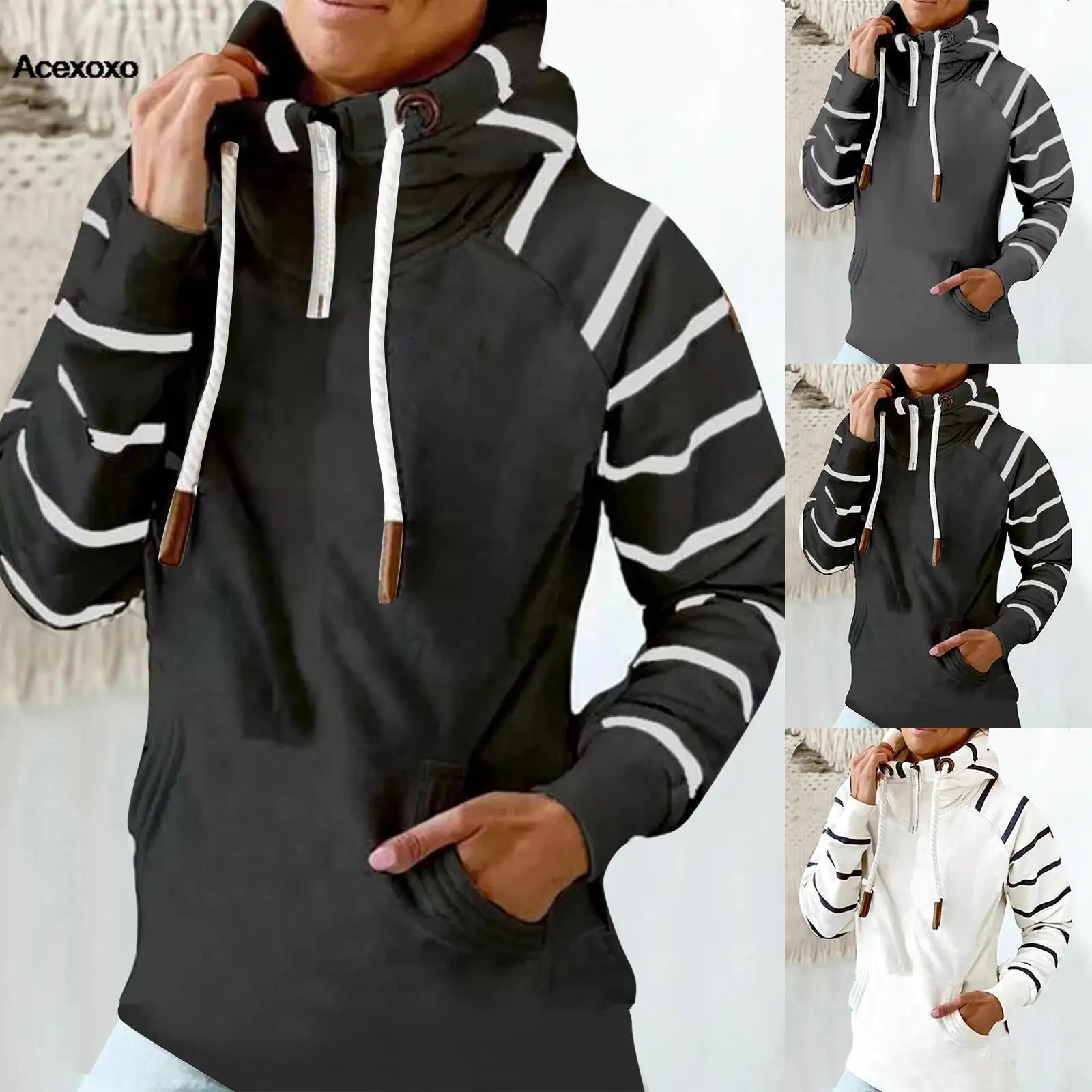 

Autumn and winter hot women's printed striped turtleneck hooded wool fashion
