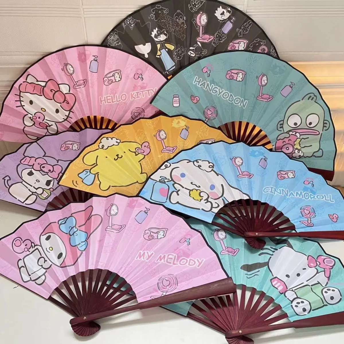 Sanrios Kawaii Figures Chinese Folding Fan Cartoon Hello Kittys Kuromi Silk Folding Fans Hand-Held Bamboo Folding Fan Girl Gift