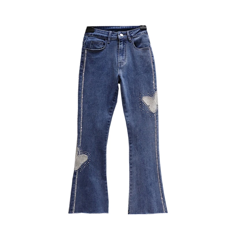 

Spring new large size women's clothing embroidery hot drill nine points micro-bladed jeans fat MM elastic high waist thin women'