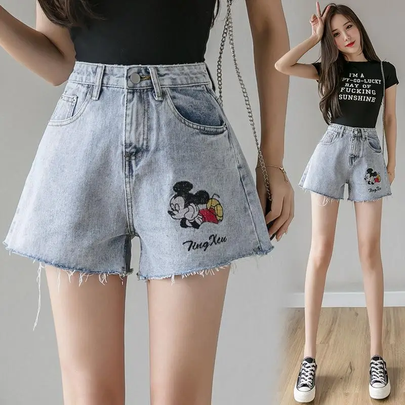 

New Disney Cartoon Fashion Mickey Hole Denim Shorts Cute Summer Women's High Waist Thin Loose Hot Pants Shorts