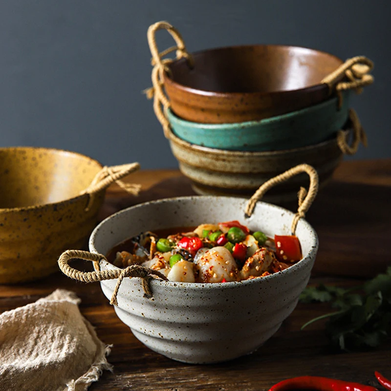 

Japanese Retro Ceramic Bowl Creative Hemp Rope Handle Soup Bowl Noodle Ramen Salad Deep Bowl Home Kitchen Tableware Coconut