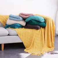 tassel knitted woven blankets throw green khaki cream color sofa throw cozy chunky nordic blanket farmhouse home decoration