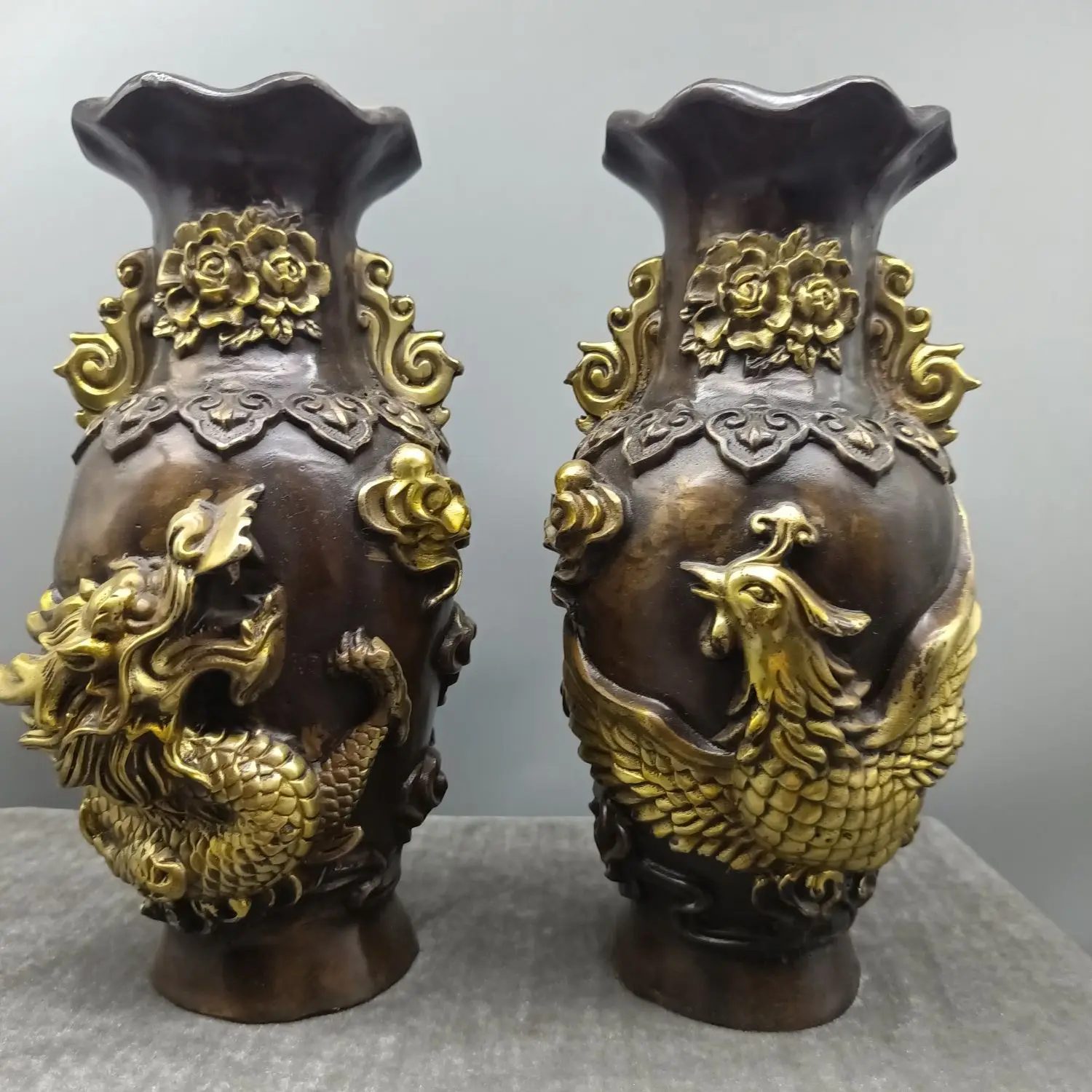 

Collect Elaborate Bronze Statue Luck“Dragon And Phoenix ”Flower Vase Metal Crafts Small Decorative Item Home Decoration