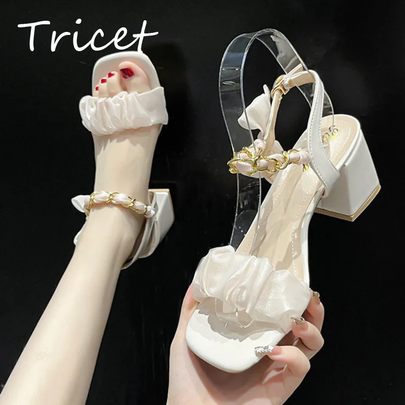 

Summer Women's High Heel Sandals Square Heel Bow-knot Shoes Ladies Fashion Chain Ankle Strap Pumps Female Satin Wedding Shoes