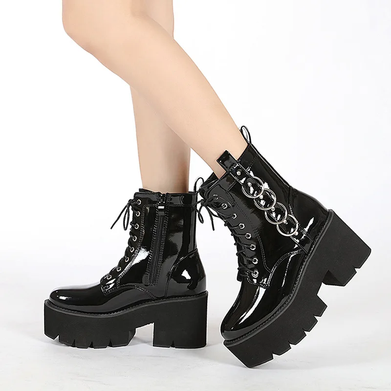 

New Sexy Belt Buckle Women Platform Ankle Boots Pantent Leather Autumn Winter Lace Up Booties Chunky Heel Dark Blackness