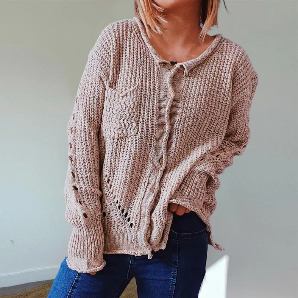 

Женский однотонный кардиган с круглым вырезом, длинным рукавом и пуговицами