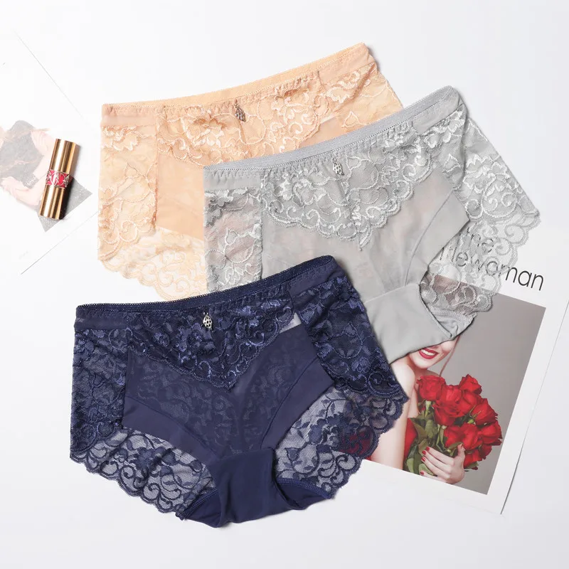 

3Pcs Cross-border New Products Hollow Sexy Panties Women's Lace Mid-waist Comfortable Seamless Micro-transparent Girl Briefs