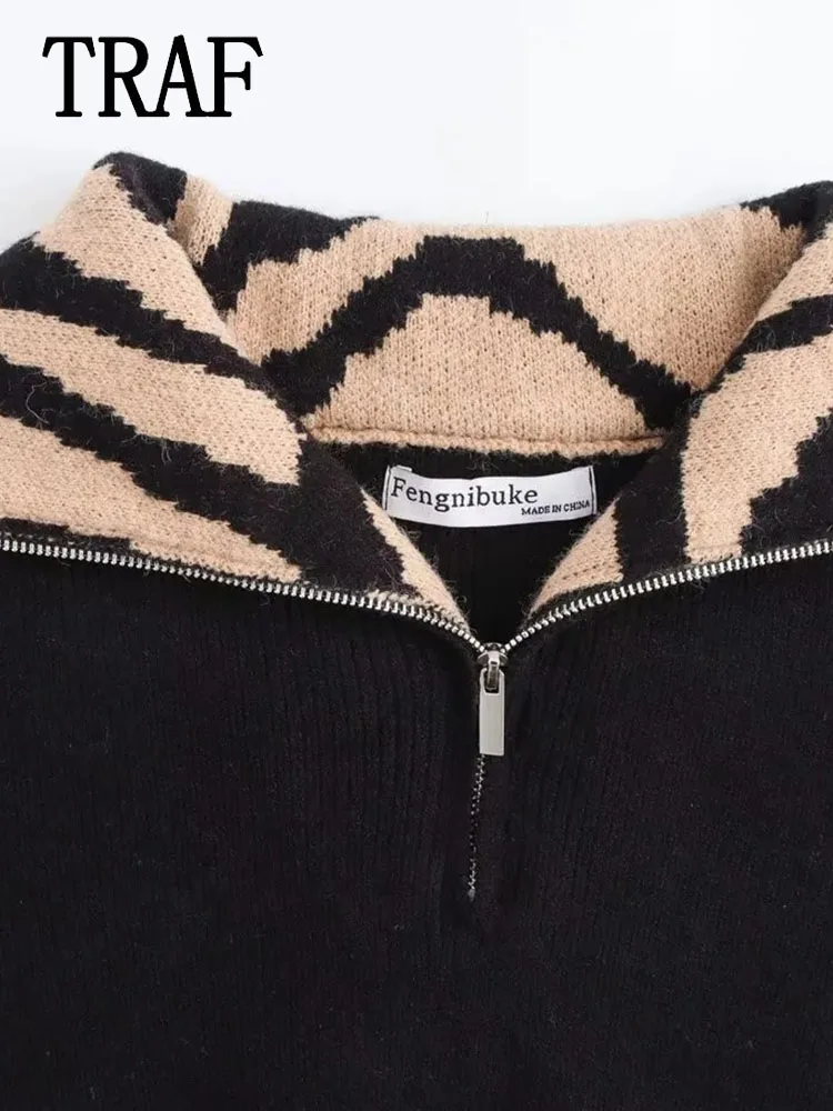 TRAF женский элегантный v-образный вырез устойчивый свитер с длинными рукавами и