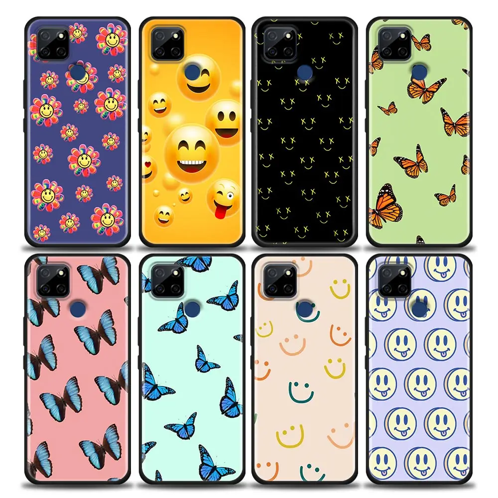 

Phone Case for Realme Q2 C20 C21 V15 8 Case C25 GT V13 5G X7 Pro Ultra C21Y Silicone Cover Smile Face Butterfly
