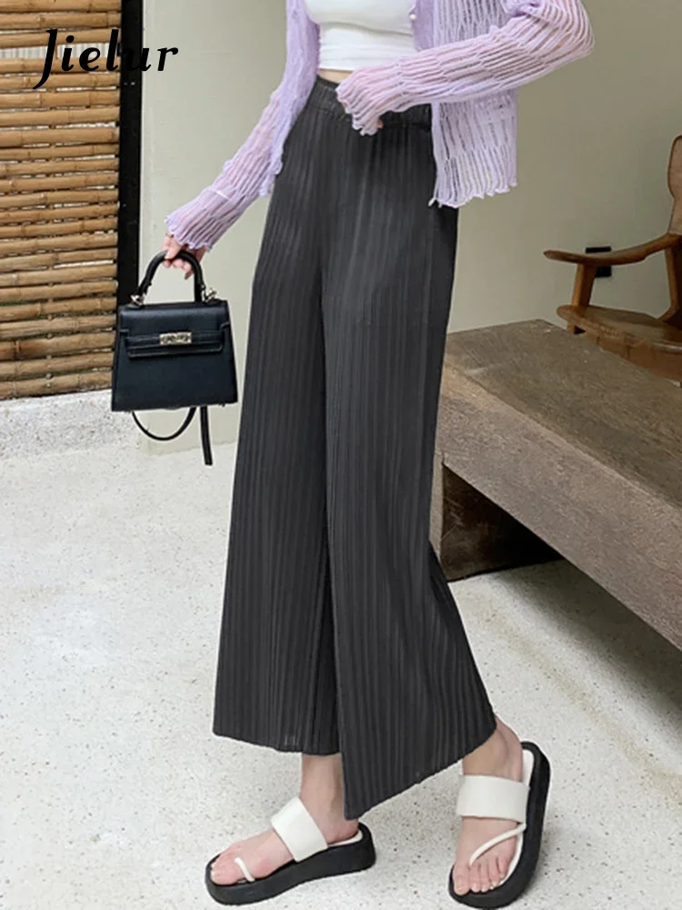 Jielur Зеленые плиссированные женские брюки с эластичным поясом прямые однотонные
