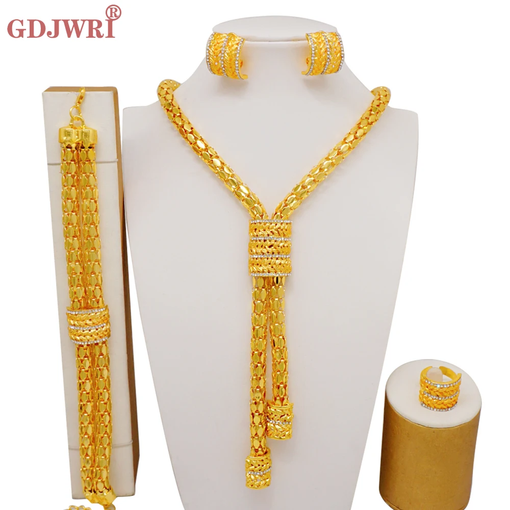 

Fashion Dubai Gold Color Jewelry Sets For Women African India Party Wedding Tassels Necklace Bracelet Earrings Ring Set Gifts