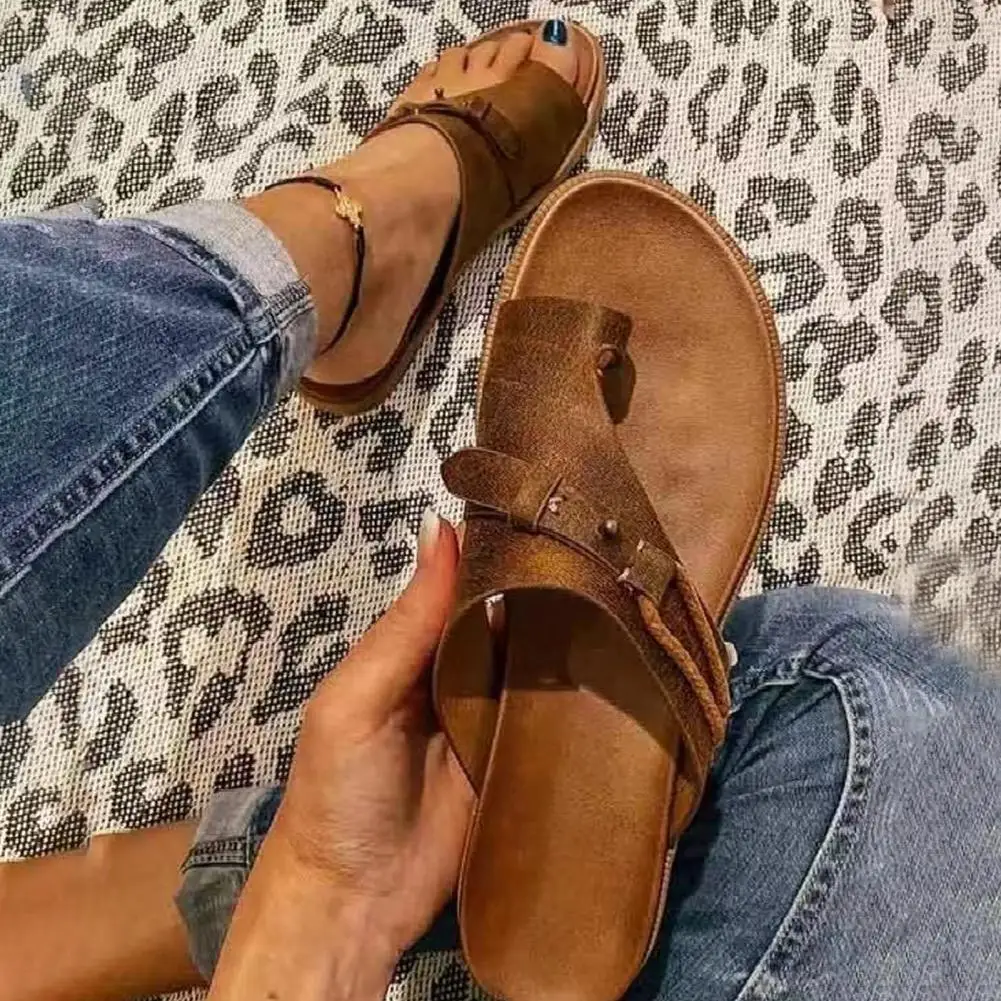 

1 Pair Beach Slippers Flat Retro Faux Leather Slip-on Open Toe Anti-slip Women Shoes Summer Casual Flops Slides Footwear