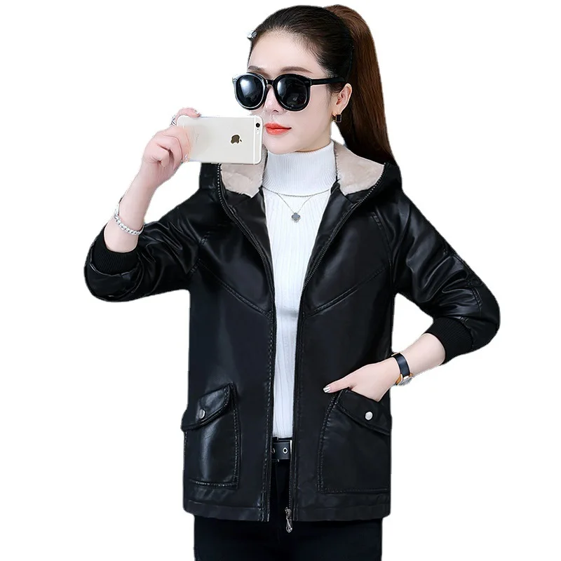 Burgundy Red Fleece Thickened Leather Warm Jacket Women's Autumn  Winter 2022 Hooded Loose Suit Women's Leather Jacket