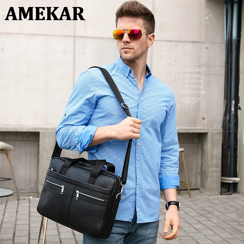 

Men 's Genuine Leather Briefcase Natural Cow Leather Messenger Bags for 14 Inches Laptop Bag Male Fashion Bag