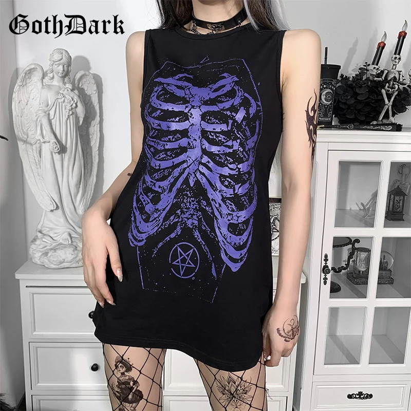 

Goth Dark Skull Mall Gothic Aesthetic Women Mini Dresses Grunge Punk Emo Alternative Clothes Black Summer Casual Vest Dress 2022