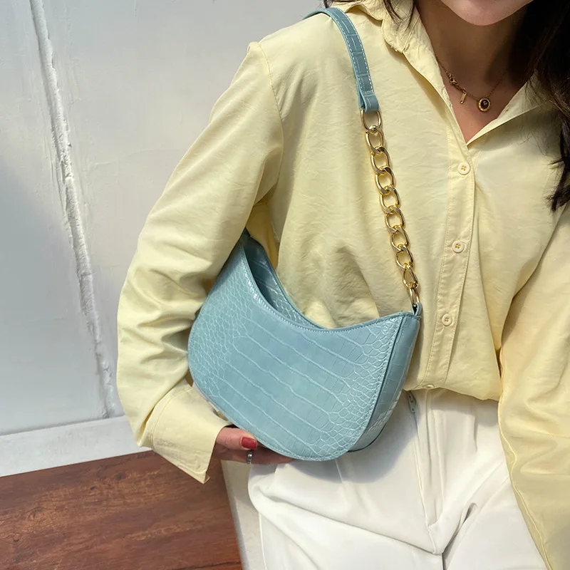 

Women Bag Handbags Fashion Crocodile Pattern Hobos Shoulder Bags Solid Color Chain Female Underarm Bags Casual Trendy Phone Bag