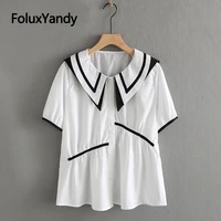 irregular casual women shirts plus size 3xl 4xl peter pan collar summer short sleeve blouse shirt kkfy6181