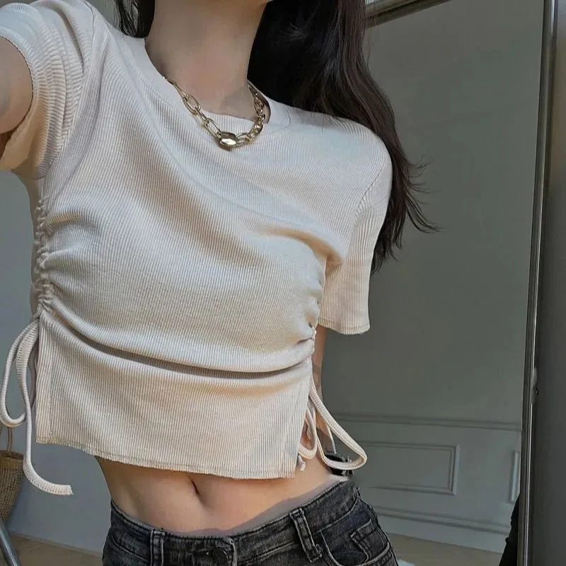 

Y2k Crop Top Women 2023 Summer New High Waist Drawstring Split O-neck Short Sleeve Tee Solid T-shirt Female Clothing Streetwear
