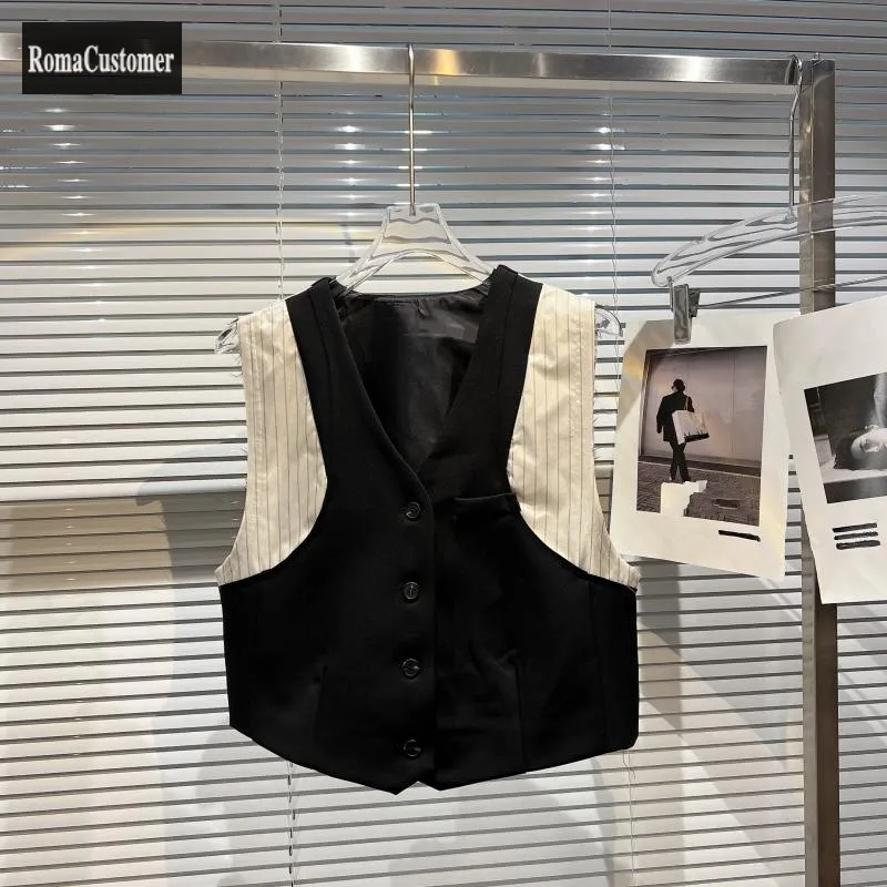 

Spring Womens New Stripe Spliced Hit Color Suits Vest Single Breasted V-Neck Trend Female Korean Version Casual Vest Jackets