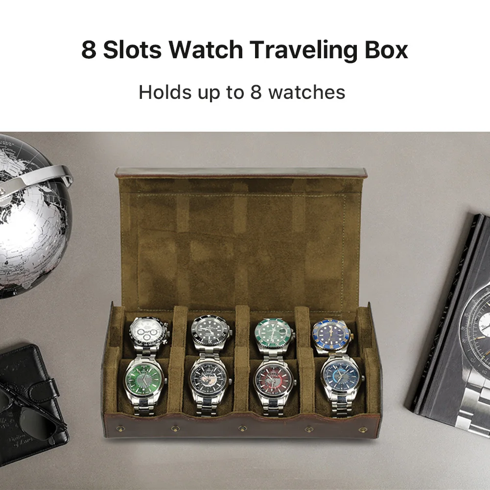 Vintage Crazy Horse Leather 8 Slots Watch Case Travel Storage Box with Slid in Out For Men Watch Organizers Box