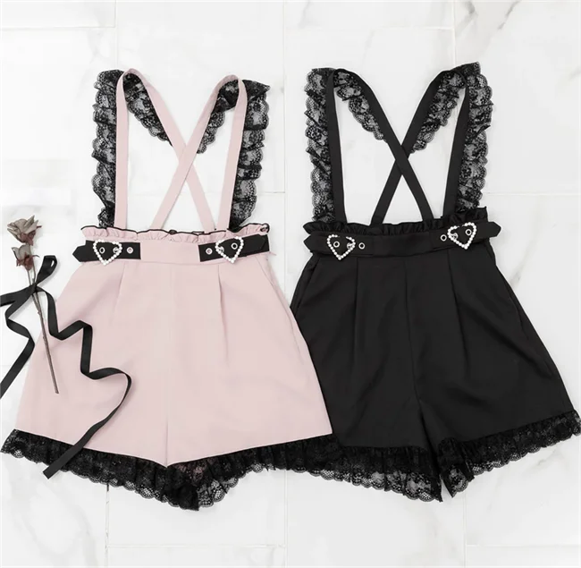 Spring and Summer New Suspender Pants Slimming Japanese Style Loose Casual Shorts Cute Lace Edge Belt Overalls Shorts