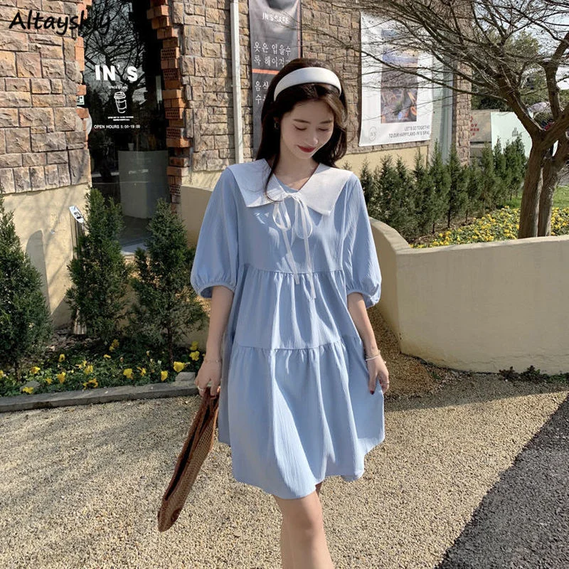 

Платье женское однотонное милое молодежное с воротником «Питер Пэн»