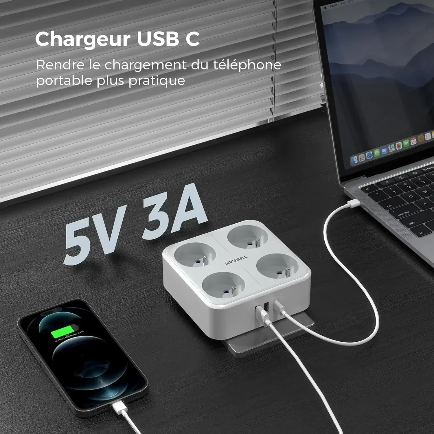 Фото TESSAN 4000 Вт FR в ЕС USB-настенная розетка с 4 французскими розетками Тип C Квадратная дорожная вилка-конвертер с выключателем Электрическая розетка №2
