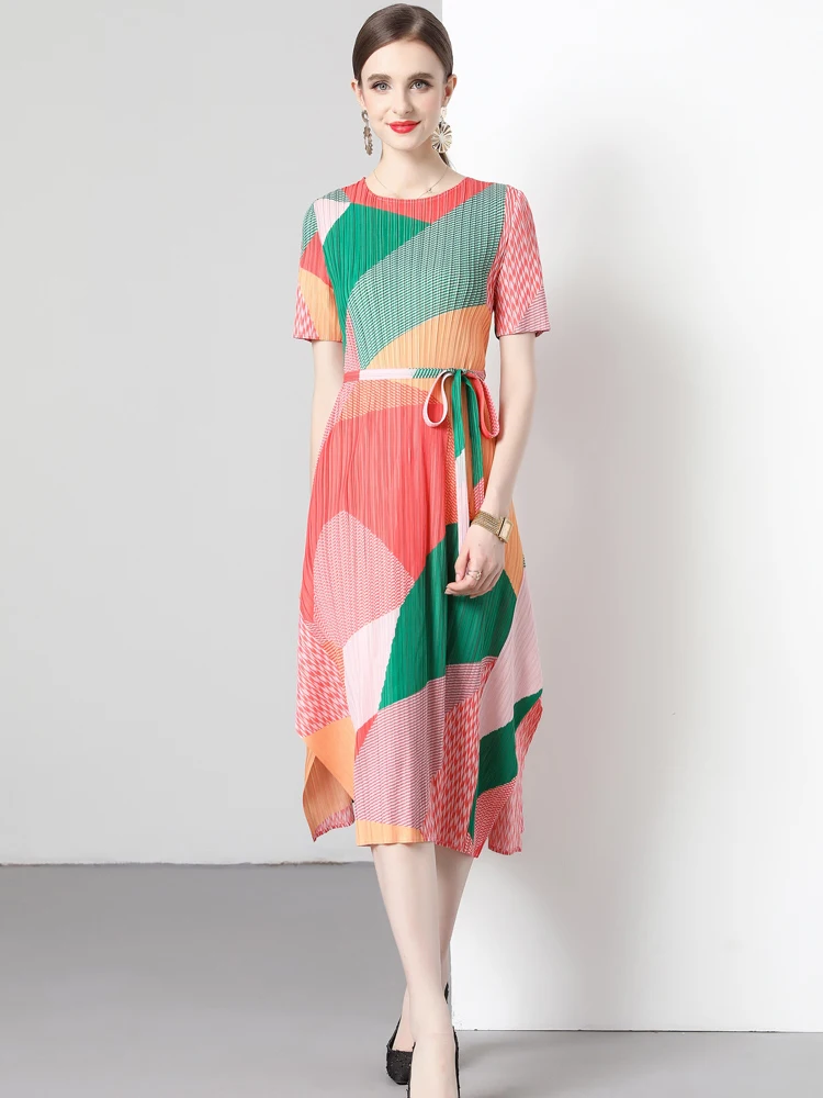 

Платье женское Плиссированное средней длины с принтом, Модный ассиметричный Повседневный Сарафан с коротким рукавом, одежда на лето, 2023