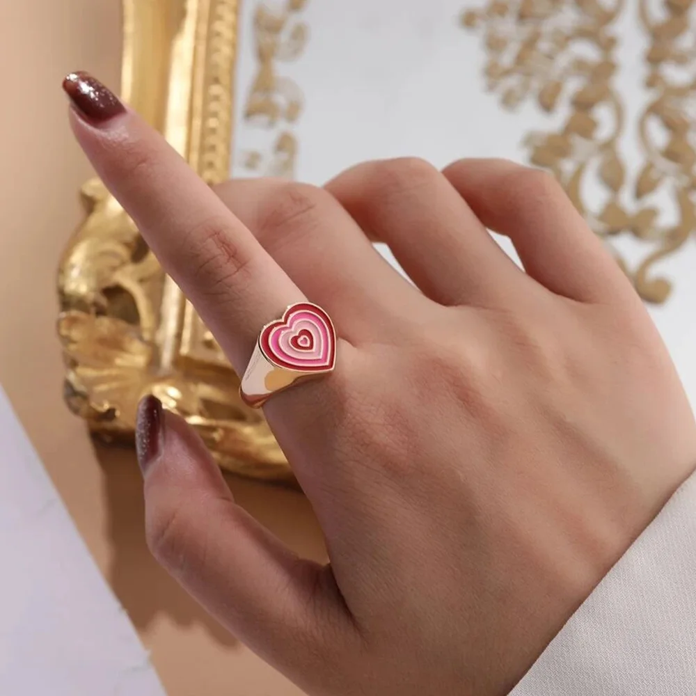 

Hot Selling New Peach Heart Gold Ring Love Mixed Color Alloy Drip Oil Index Finger Opening Adjustable Ring Jewelry Gift
