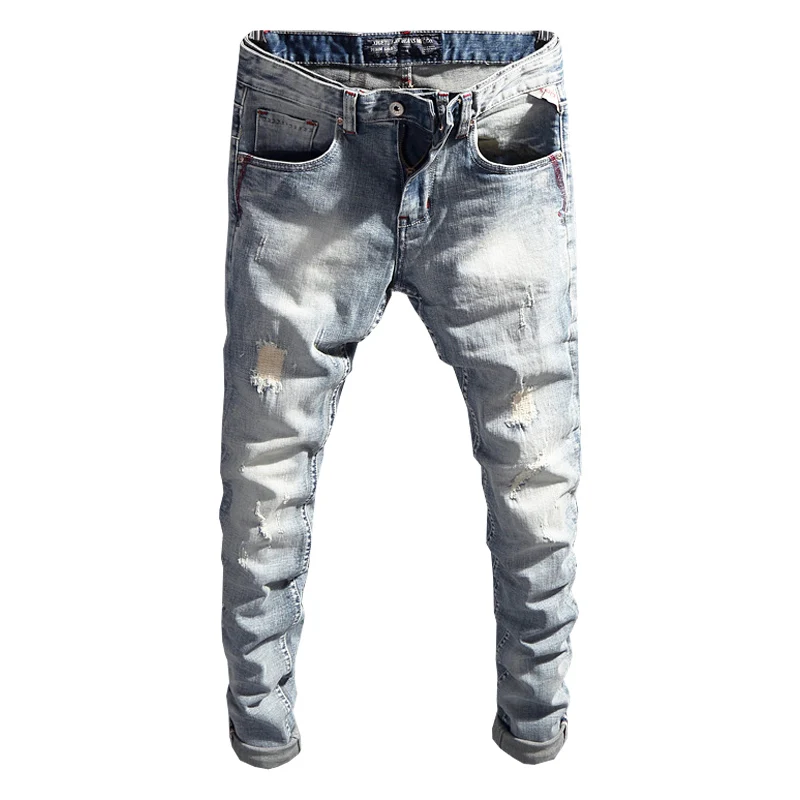 Street Fashion Designer Men Jeans Retro Light Blue Stretch Slim Fit Ripped Jeans Men Patched Vintage Casual Denim Pants Hombre
