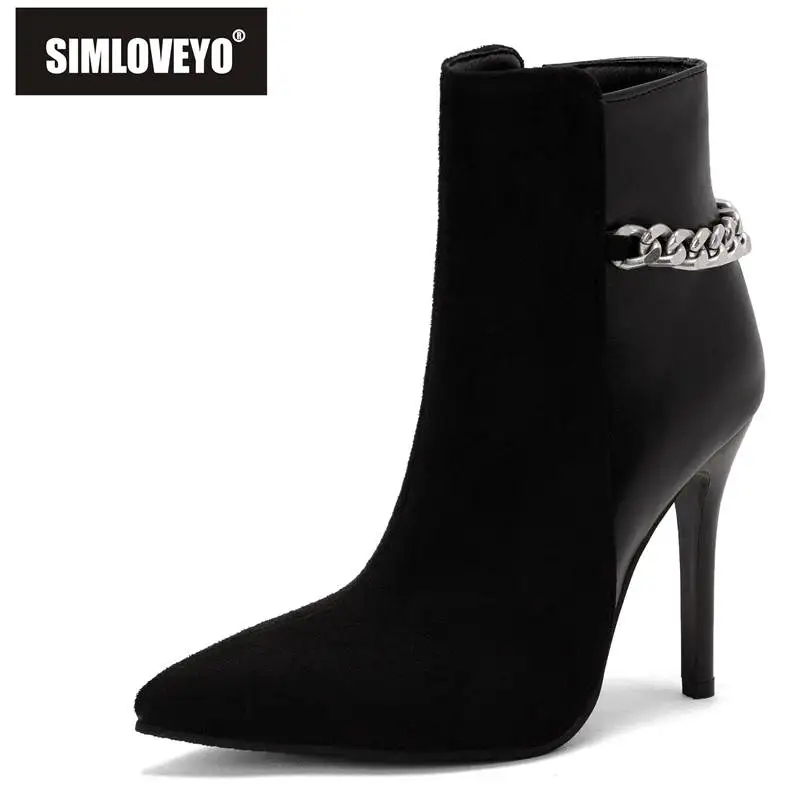 

SIMLOVEYO Ladies Ankle Boots 10.5cm Thin High Heel 11cm Pointed Toe Zipper Chain Splice Plus Size 34-48 Sexy Mixed Color Dating