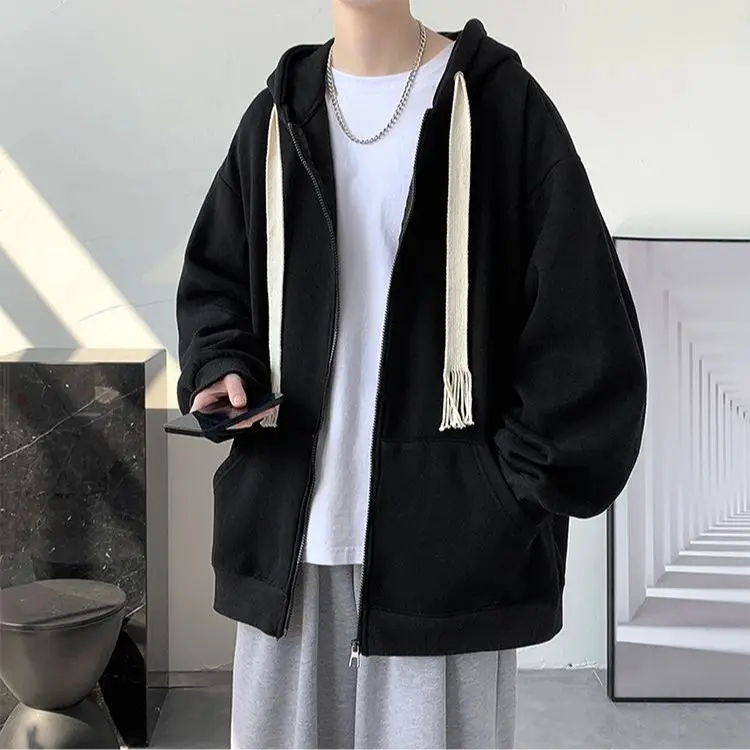 Spring Autumn Winter Fashion Solid Casual Cardigan Jacket Men's Loose Cool Boys Soft Solid Zipper Hoodie Drawstring Student Coat