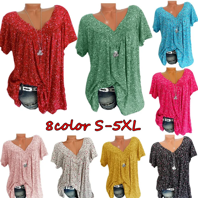 

2023 Y2k Summer T Shirt for Women New V-neck Loose Off Printed T-shirts Short Sleeves Female Tee Tshirts Oversized Floral