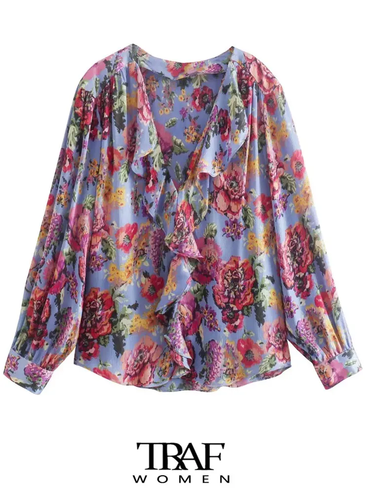 

Блузка женская с оборками и цветочным принтом, свободного покроя