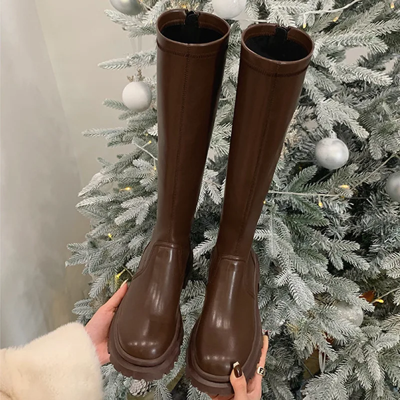 

Новые модные высокие сапоги для осени и зимы, женские рыцарские сапоги с круглым носком, сапоги на толстой подошве и до колена, эластичные сапоги, женские сапоги