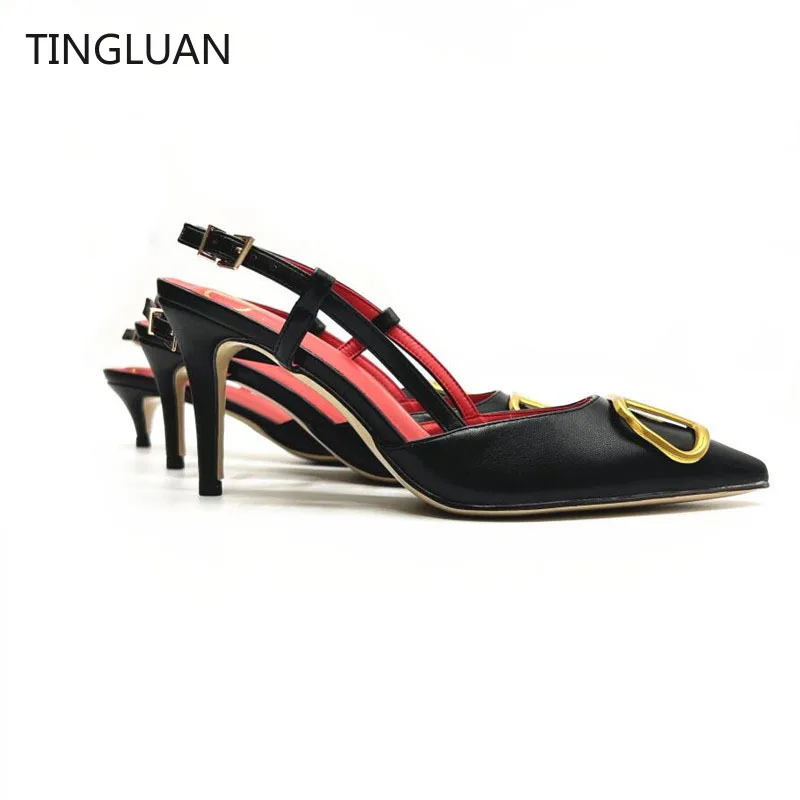 

2022 Designer Luxury Women Pointed Toe Sandal Metal Buckle Real Leather 4cm 6cm 8cm Thin Heel Wedding Shoes 35-44