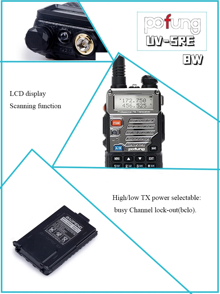Walkie-talkie Pofung UV-5RE 8W Ham Radio Handheld with 2800mAh Battery Dual Band 136-174/400-480MHz VHF/UHF 5R PLUS