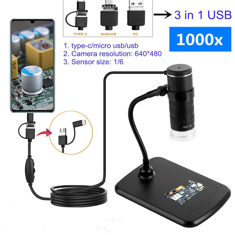 1000X Digital Microscope HD 1080P LED WiFi Microscope 3 IN 1 USB Mobile Phone Microscope Camera for phone PCB Inspection Tools