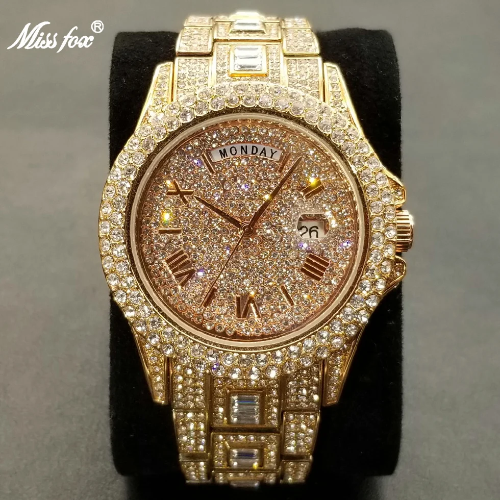 

MISSFOX Iced Out Men's Watches Roman Numbers Week Display Automatic Date Watch Hip Hop Lab Diamond Clock For Men's Jewellry Gift
