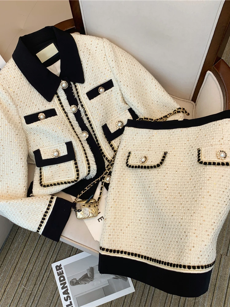 

Женский твидовый пиджак KBAT, комплект из двух предметов, облегающая мини-юбка с высокой талией, в винтажном французском стиле, весна 2023