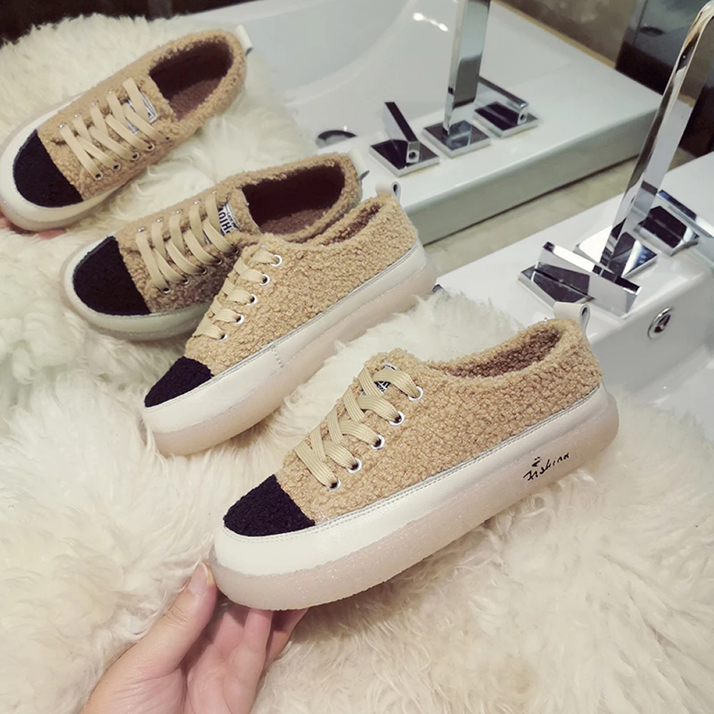 Colors Block Curly Fur Students Shoes Girls Cross Band Soft Soled Sneakers Women Winter Patchwork Lambs Fur Cotton Shoes Woman