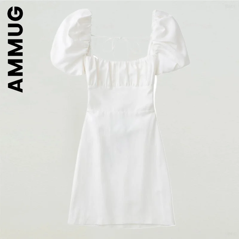 

Ammug square neck short puff sleeves backless crossover straps dress Harajuku Holiday Streetwear Club Girl Vestidos Clothing