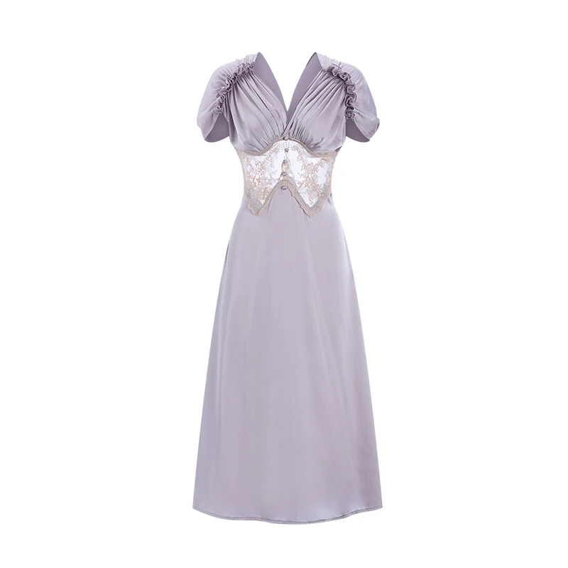 French Elegant Satin Dress Nightdress Women Puff Sleeve Vintage Party Dresses Women Clothing Gloss Embroidery Lace Vestido